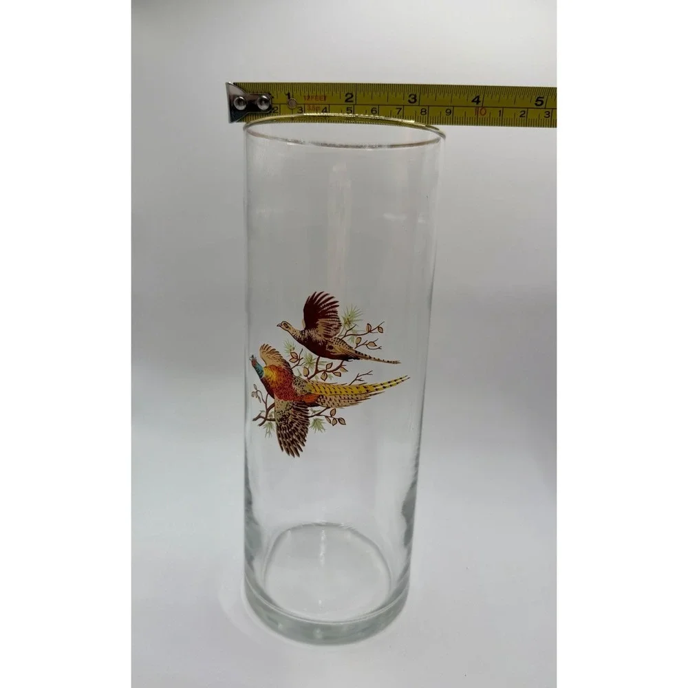 West Virginia Glass Pheasant Vase Vintage MCM Gold Rim 8.5 Inch Cylinder